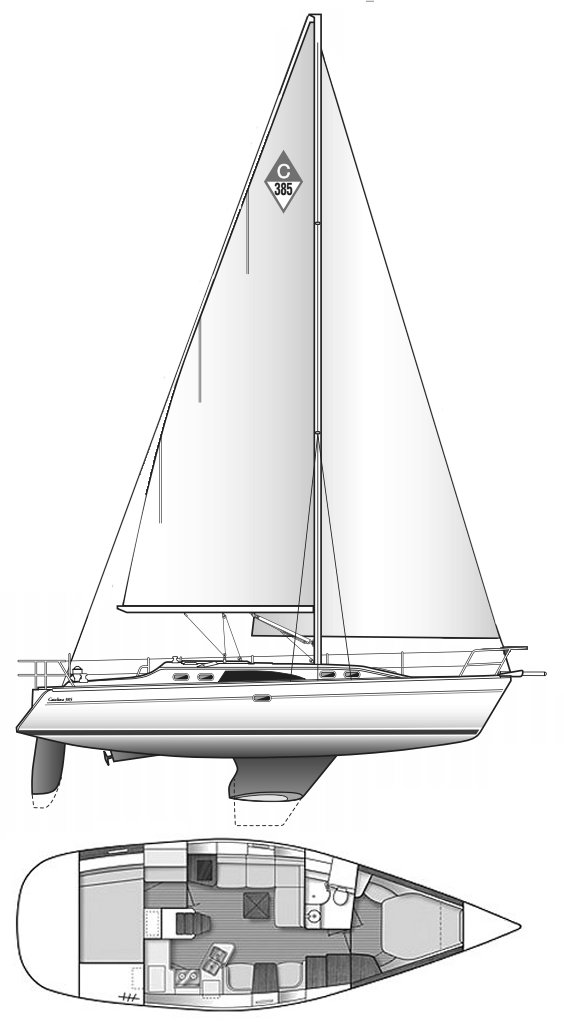 Detailed floor plan illustration of Catalina Yachts